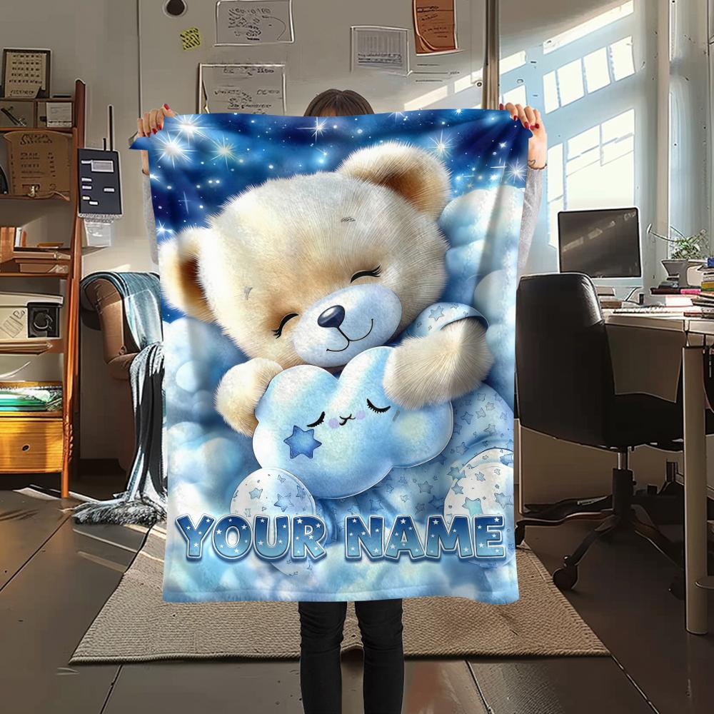 1PC Custom Name Floral Bears Harvest Patterned Flannel Blanket Suitable For All Seasons for Home Decor Warmth and Comfort Gifts Holiday Present_lx