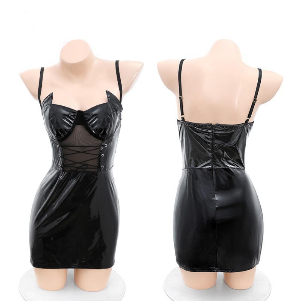 New Spice Girl Sexy Mesh Splicing Straps PU Helles Leder Skinny Ultra Short Hip Wrap Skinny Dress Sex Unterwäsche