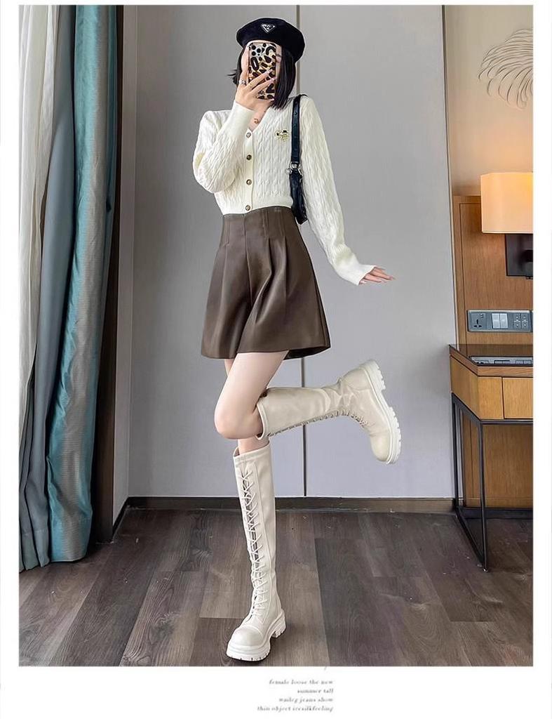 Women's High-Waist Khaki A-Line PU Leather Shorts, Autumn/Winter 2024, Wide-Leg Bootcut Casual Wear