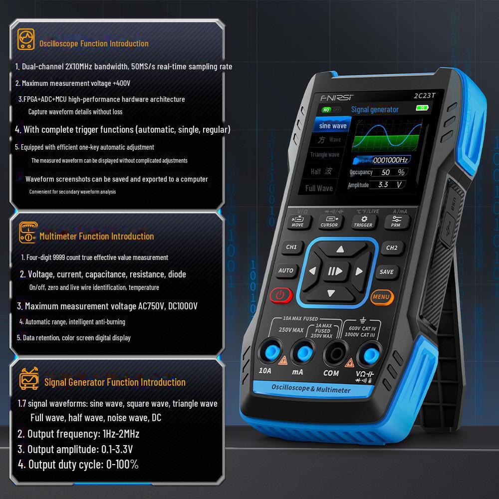 Handheld 3-in-1 Digital Oscilloscope Multimeter Shockproof Dual Channel Signal Generator.