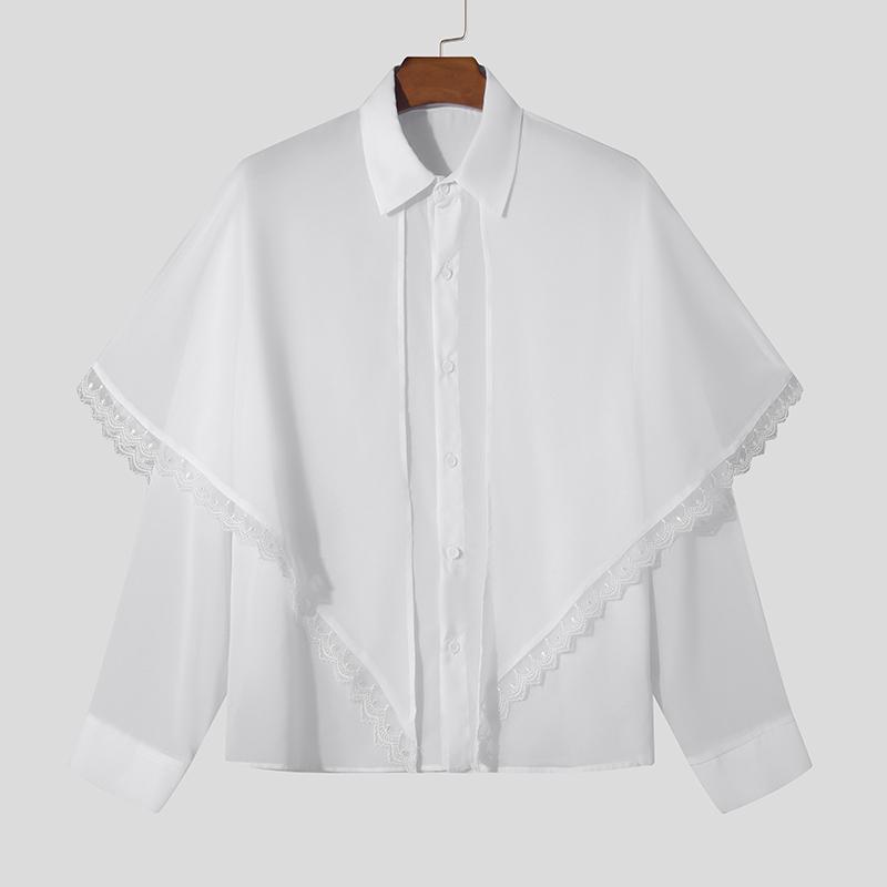 

INCERUN Мужские рубашки с кружевным подолом и лацканами, с длинным рукавом, пуговицами, слоями, нерегулярные короткие топы L белый