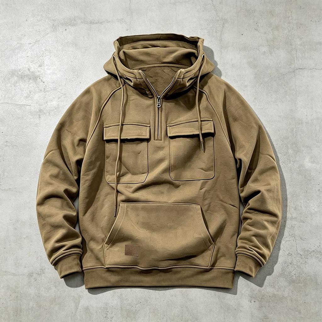 Men's Retro Workwear Hoodie Half Zip Oversize Multi-Pocket Solid Color Pullover Casual Streetwear