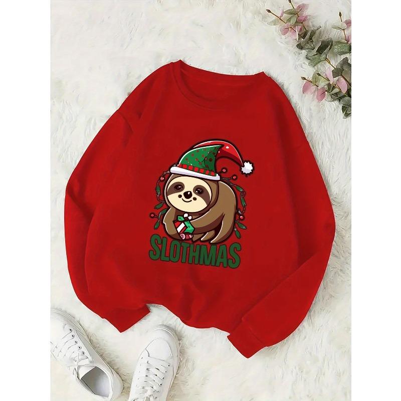 Girls' Cute Sloth Christmas Sweatshirt with SLOTHMAS Lettering & Sloth Santa Hat Print - Cozy Grey Round Neck Pullover