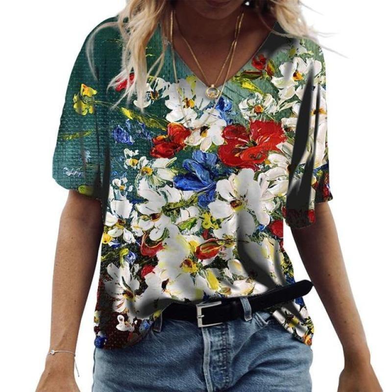 Summer Flower T-Shirts Floral 3D Print Women V-Neck Short Sleeve T Shirt Streetwear