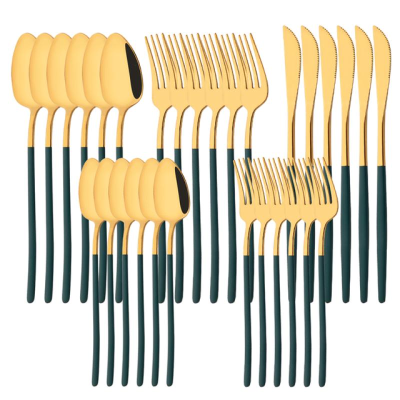 White Gold 30Pcs Dinnerware Set Knife Dessert Fork Spoon Tableware Cutlery Set 18/10 Stainless Steel Flatware Silverware Sets