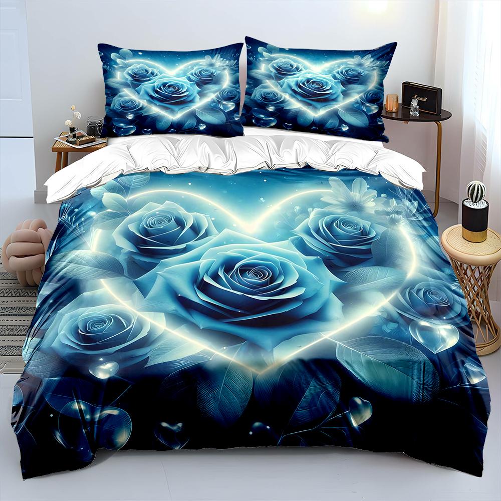 3pcs Blue Roses with Heart Halo Print Bedding Set 1 Duvet Cover 2 Pillowcases for Adult and Children Luxury Gift Full Size