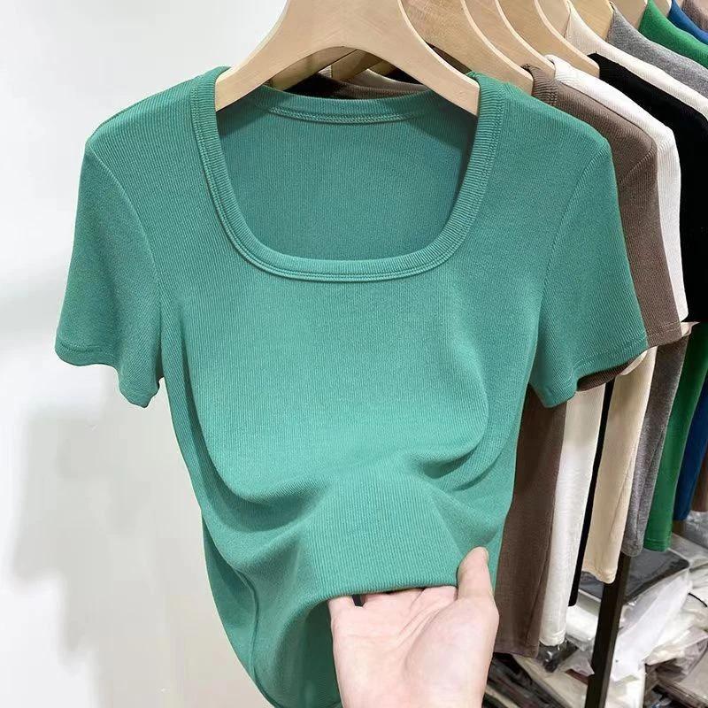 Женский черный ребристый вязаный топ с U-образным вырезом, короткий рукав, облегающий, повседневная футболка S зелёный