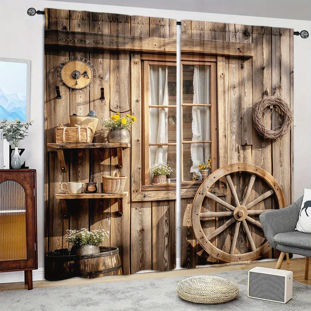 Retro Wooden House Pattern Printed Curtains, Pole Bag Curtains, Home Decoration, Room Decoration