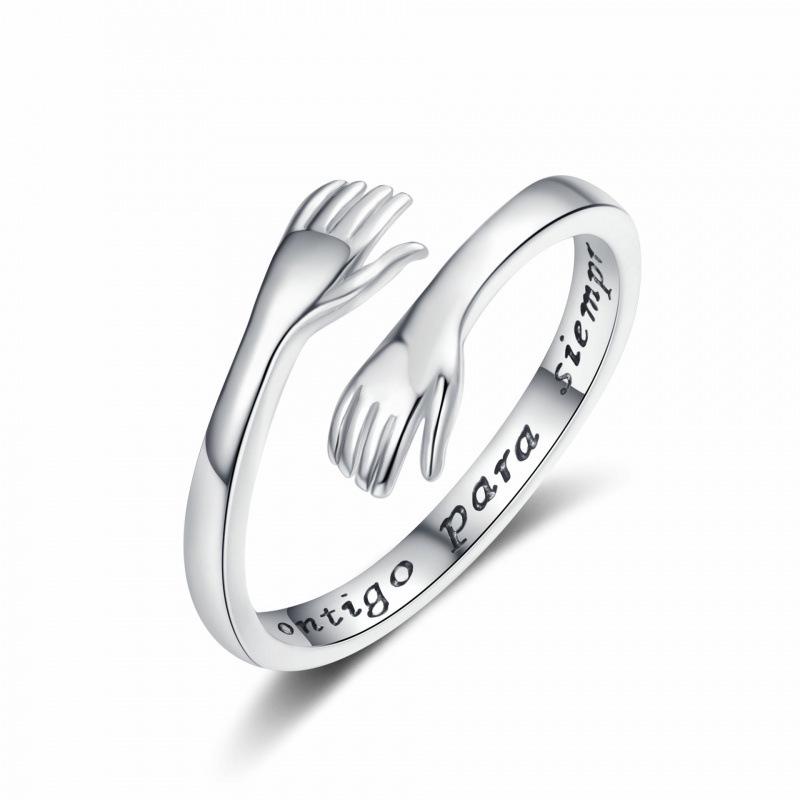 Engraved Women's Hugging Hands Ring – Fashionable European & American Style with English Letter Design