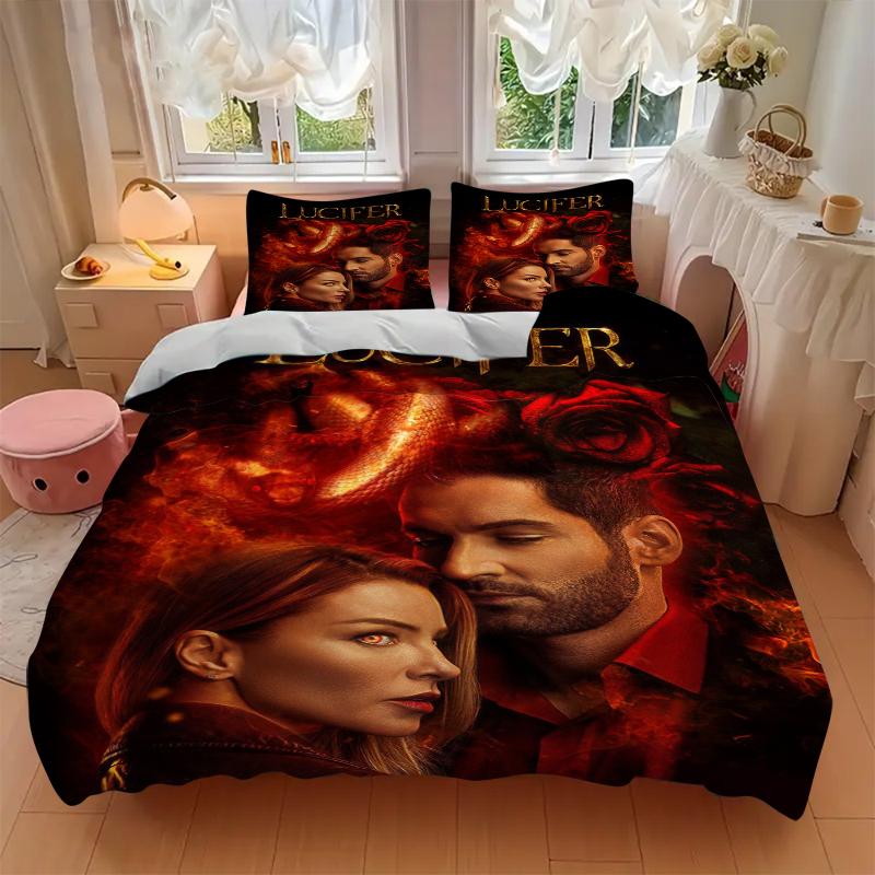 3-teiliges Lucifer's Fiery Romance Bettwäscheset Weicher Stoff Bettbezug Kissenbezüge Zuhause Weihnachts-Xmas Halloween Geschenk 1 Bettbezug 2 Kissenbezüge L138
