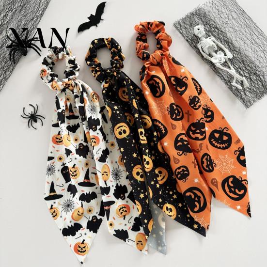 Colorful Hair Tie Halloween Satin Scrunchies for Women, Funny Pumpkin Printed Elastic Ties, Print Soft Ponytail Holders, Decorative Accessories Daily