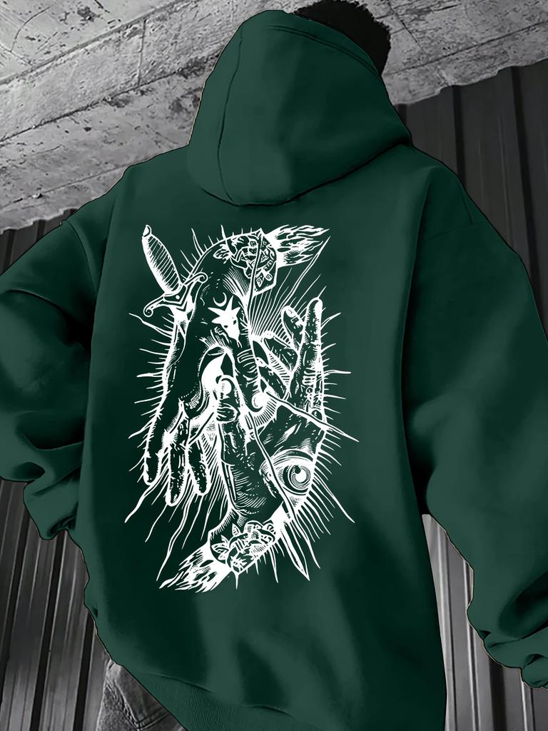 Vintage black line sketch weird hand totem artwork printed men hip hop sports hoodie casual drop shoulder long sleeve hooded top