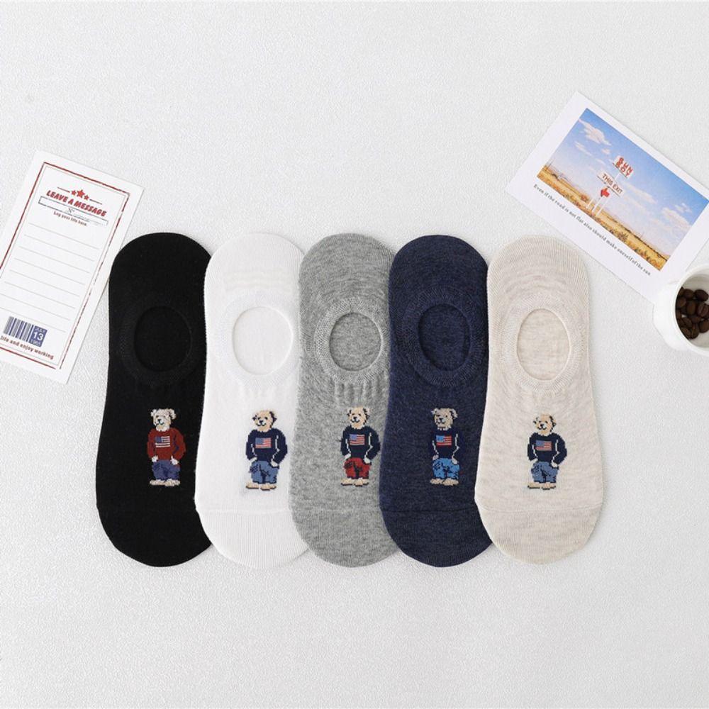 Socks Bear Invisible Cotton Casual Hosiery Men's Boat Socks Korean Style Socks Middle Tube Hosiery