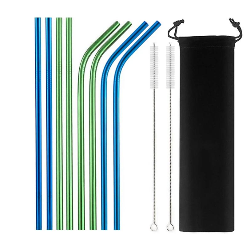8 Pcs Metal Reusable 304 Stainless Steel Straws Straight Bent Drinking Straw with Bag Cleaning Brush Set Party Bar Accessory