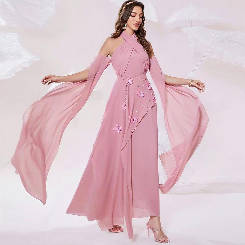 

Fairy Flower Pearl Sexy Halter off-the-Shoulder Dress Tourism Dress Halterneck Sexy Dress Pink XL