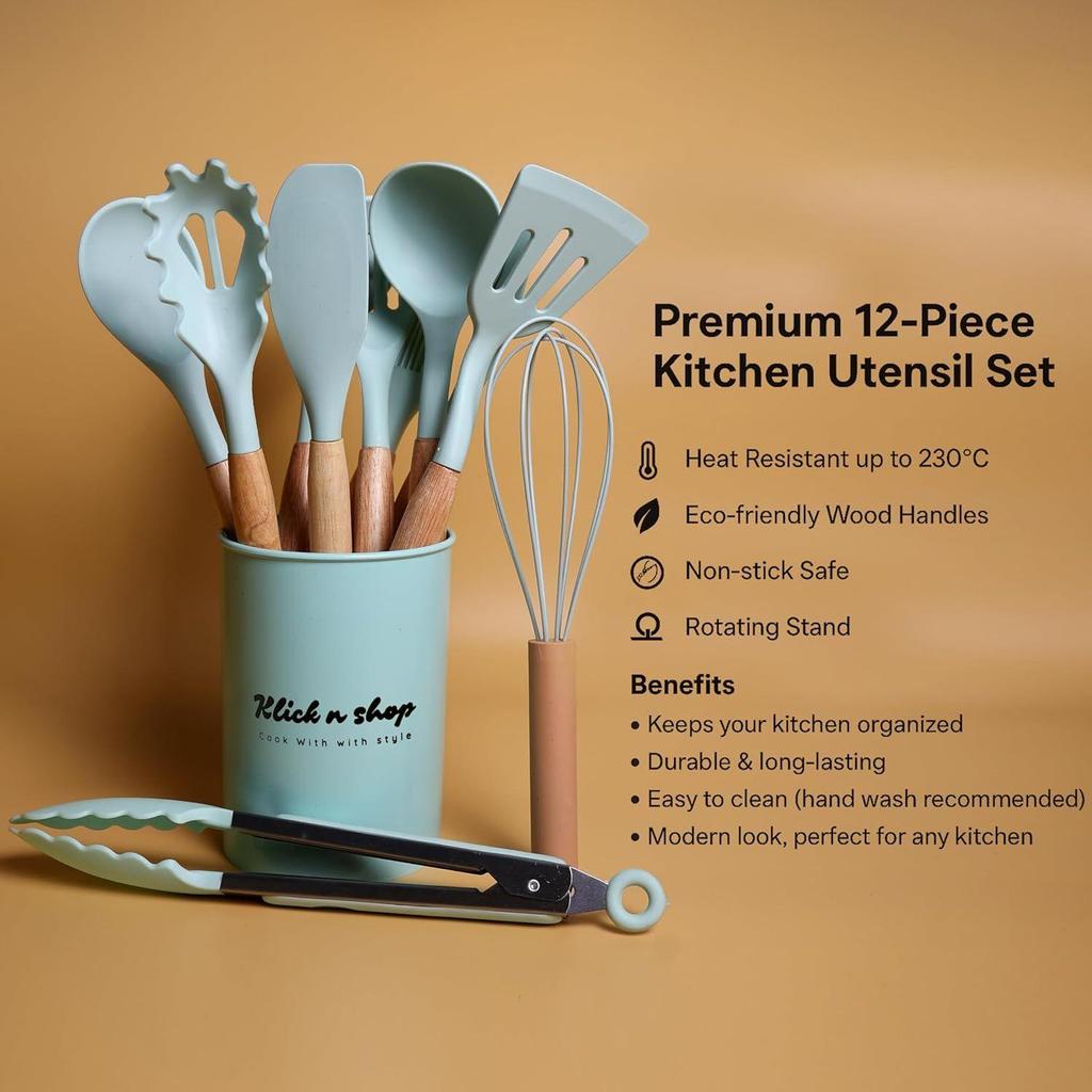 Set di 12 Utensili da Cucina in Silicone e Spatole | Strumenti Antiaderenti per Cucinare e Infornare con Manico in Legno