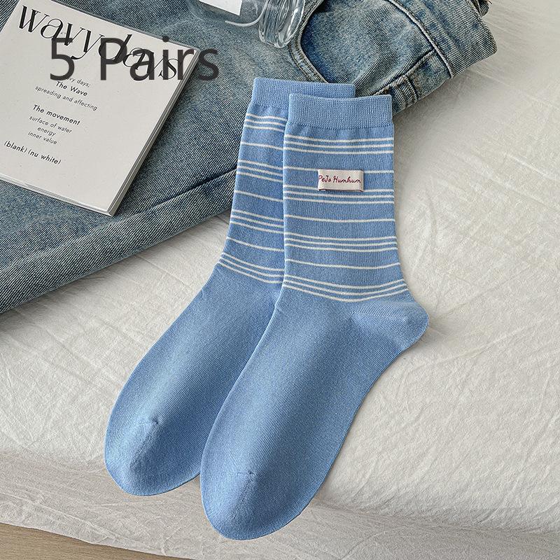 5 Pairs of Women's Casual Versatile Fabric Pinstripe Preppy Sports Tube Stack Socks