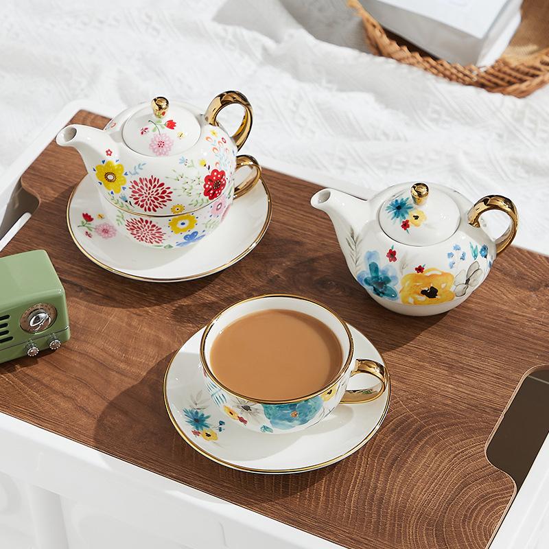 420ml Ceramic Tea for One Set Floral Teapot Tea Cup Saucer Gold Plating Handle Flower Mug Gift Box