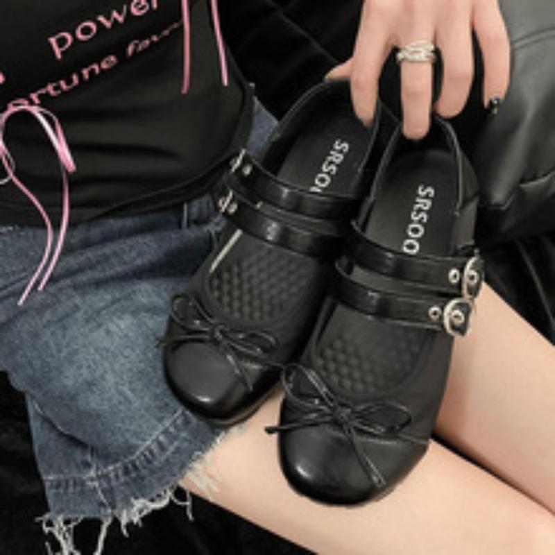 Mode Retro Rundkopf Flachschuhe mit flachem Ausschnitt Frau Weiche Sohle Ballett Mary Jane Schuhe Doppelschnalle Lässige Schleife Damen Slipper