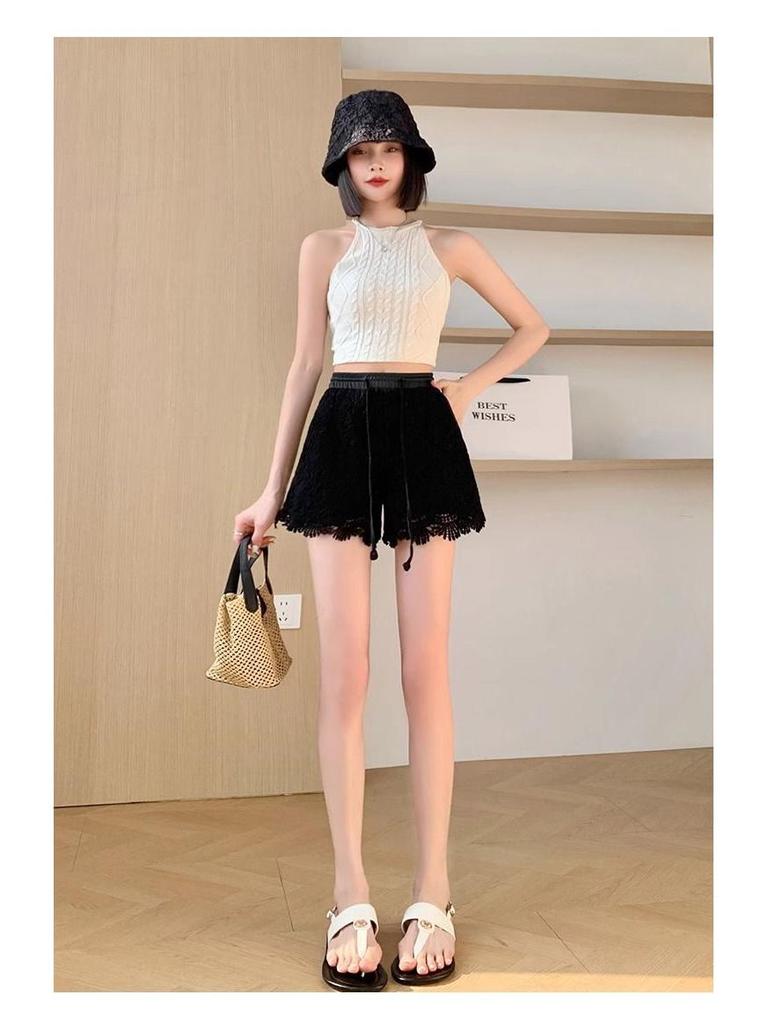 Women's Summer High-Waist Lace Sports Shorts - Casual, Loose, A-line, Wide-Leg, Three-Quarter Pants