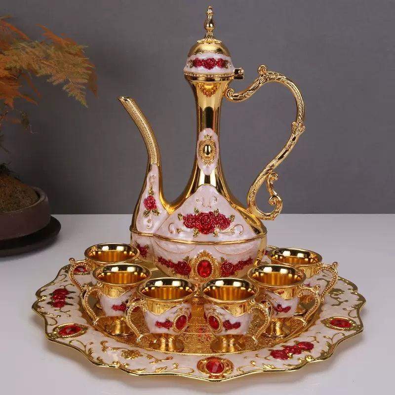 Exquisite Vintage Wine Glass, Alloy Home Wine Pot Wine Glass Set, European Wine Set, Wine Pot Home Living Room Decoration, 1Set