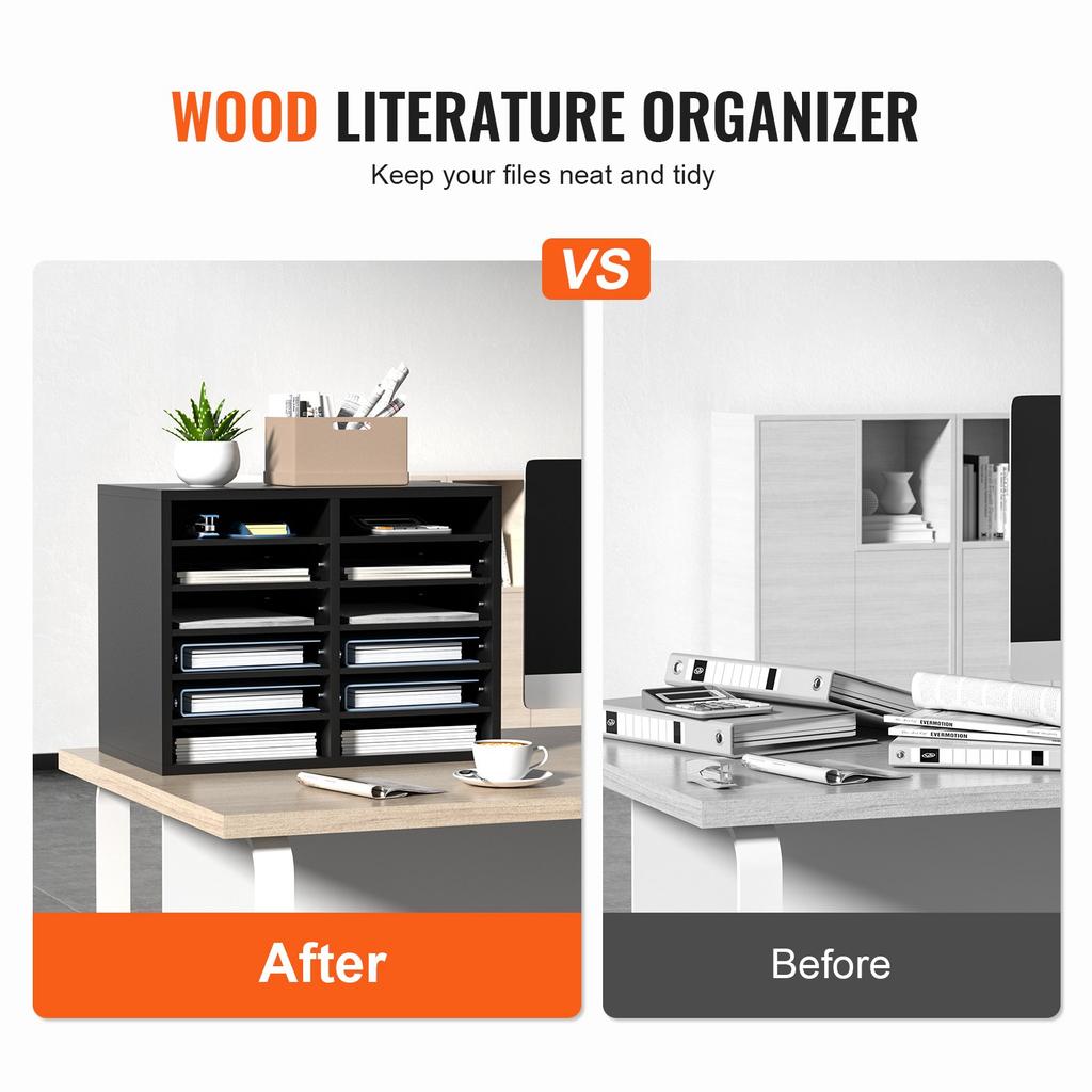 VEVOR Wood Literature Organizer, 12 Compartments, File Sorter with Removable Shelves, Mailboxes Slot for Office Home Classroom Mailrooms Organization