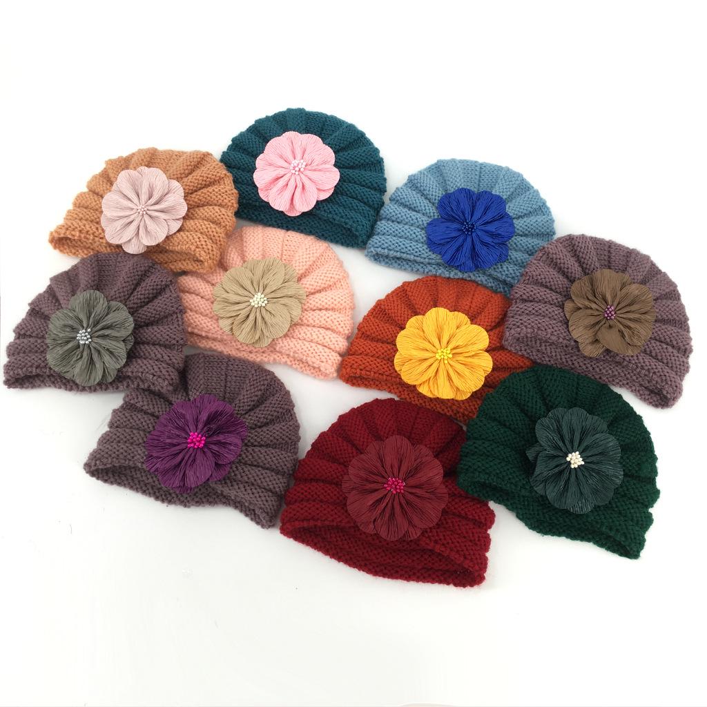 European & American Children's Knitted Woolen Hat with Flower - Warm Baby Hat for Autumn & Winter