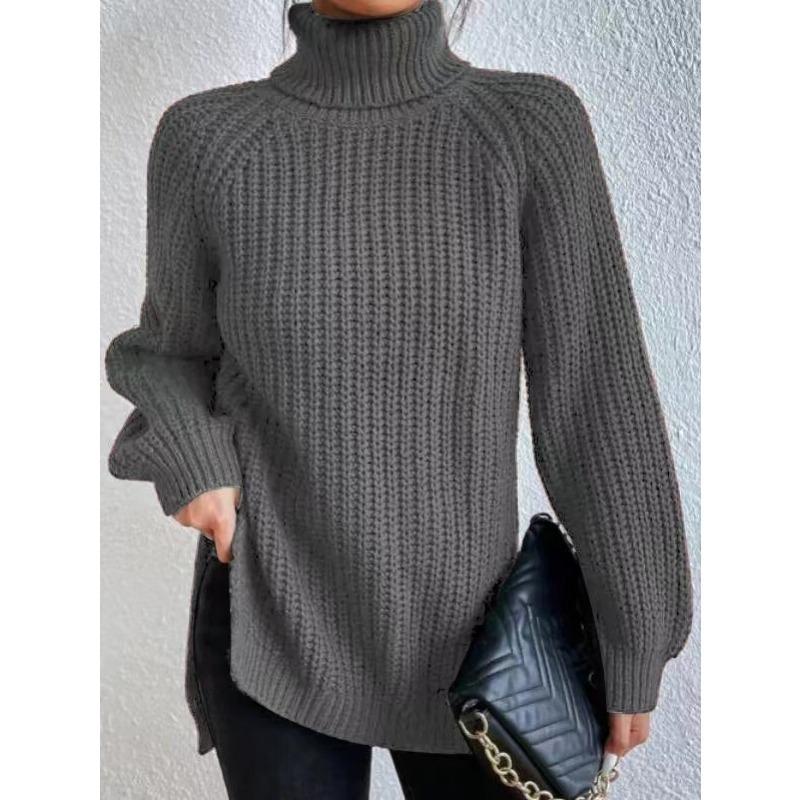 Autumn Winter Turtleneck Women Sweater New Fashion Loose Plus Size Casual Knitted Pullover Sweaters Solid Color Split Elegant Long Sleeve Sweater 1151