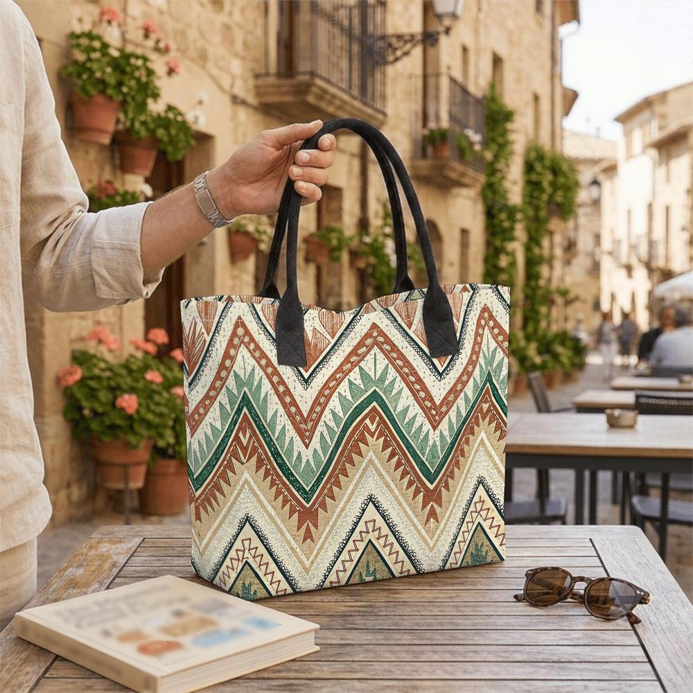 Boho Geometric Pattern Large Tote Bag Casual Canvas Shoulder Handbag for Daily Use