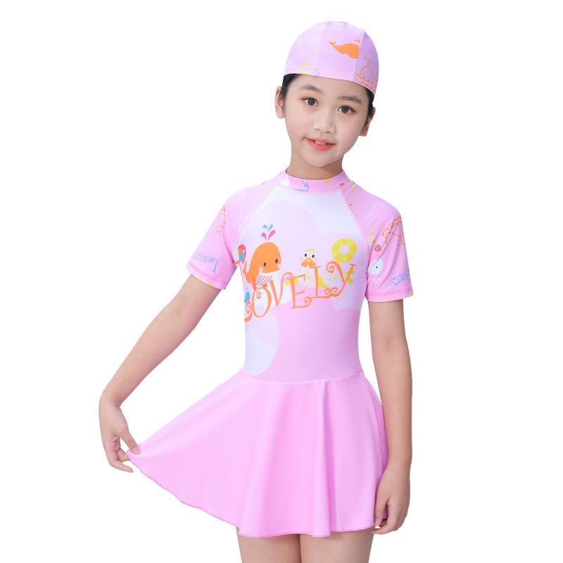New Cartoon Girls' High-Elastic Skirted One-Piece Swimsuit, Customizable, Fresh Style