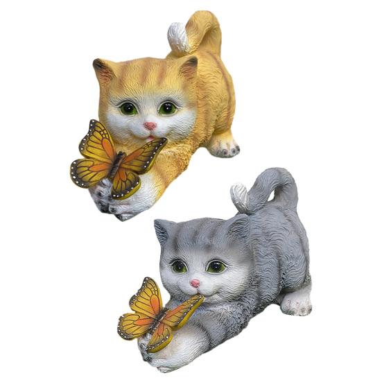 Solar Garden Cute Cat Statue with LED Butterfly Light Outdoor Waterproof Resin Sculpture for Porch Patio Balcony Lawn Yard Decor