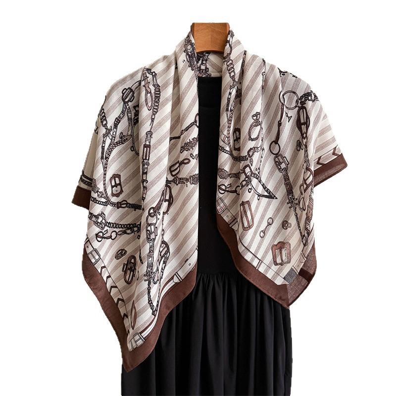 Light Luxury Retro Large Square Scarf Cotton and Linen Feeling Simulation Silk Versatile Herringbone Velvet Shawl Scarf Printed Headscarf Scarf