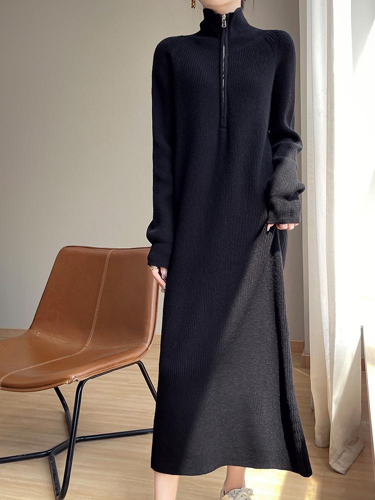 Women's Loose Casual Knitted Woolen Dress - Autumn/Winter 2024, Over-the-Knee, Half-Zip Lapel.