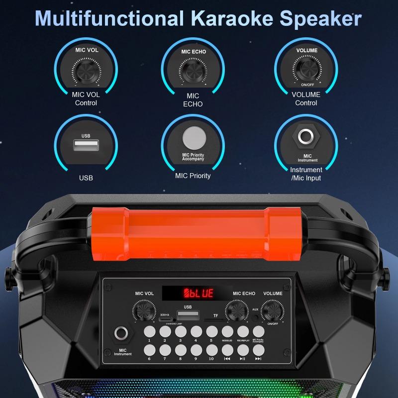 Karaoke Machine with 2 Wireless Microphones, Portable Speaker with LED Lights for Kids and Adults, Supports Bluetooth/USB/TF/AUX