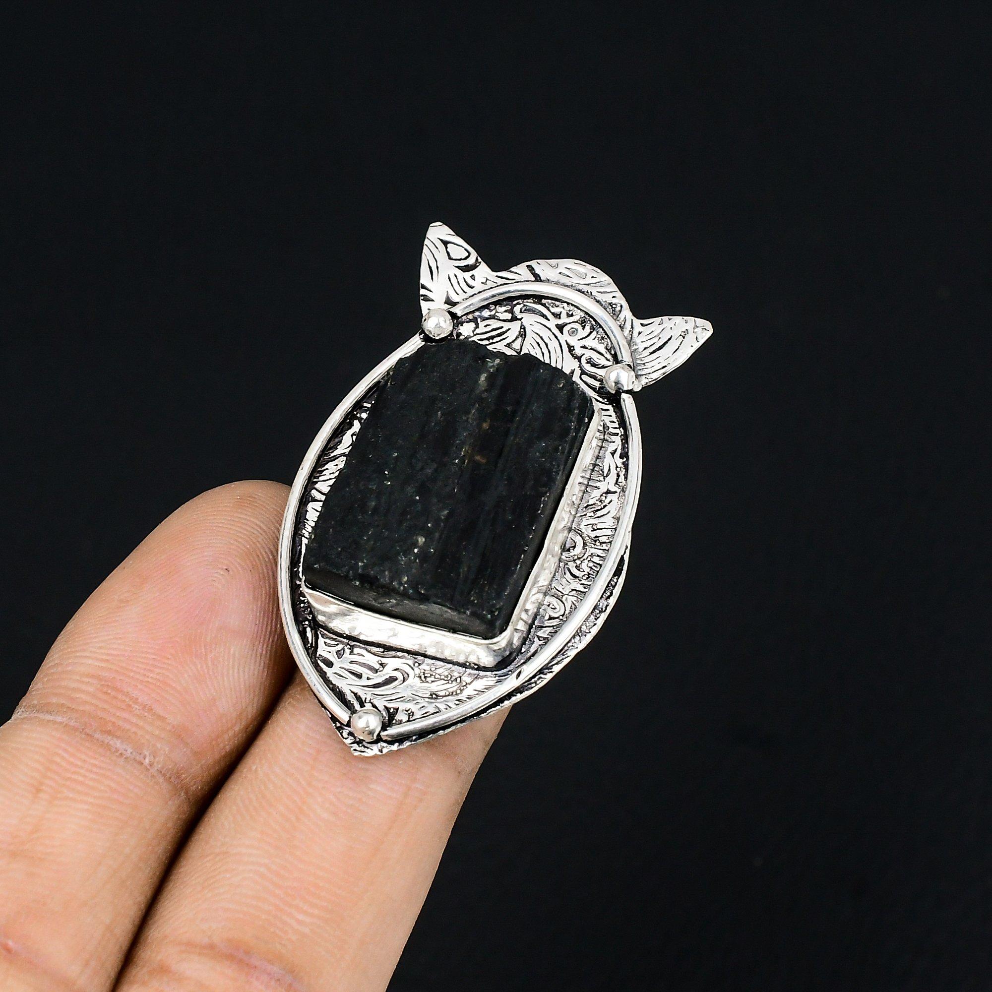 Black Tourmaline Rough Stone Wife Trendy Wedding Ring 925 Sterling Silver US 6.5 6.5