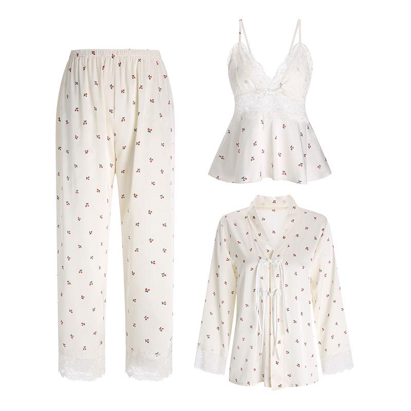 Guiruo Deep V Satin Lace Pajama Set with Chest Pad & Outer Robe