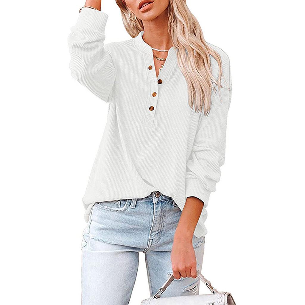 Women's Casual T-Shirt Buttons V-Neck Solid Long-sleeved Knitted Shirt Blouse Tops