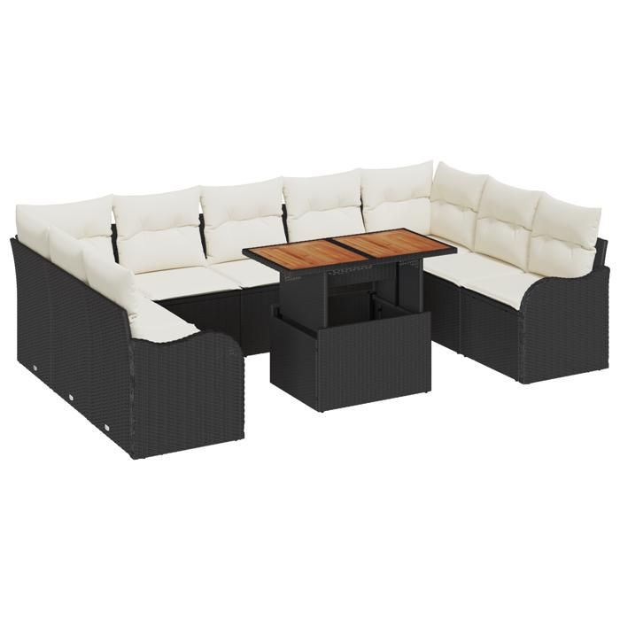 Ensemble de Salon de Jardin de 10 Pièces avec Coussins Noir Poly Rattan Acacia, Sofa de Jardin 2 Places avec Coussins Noir 3349501