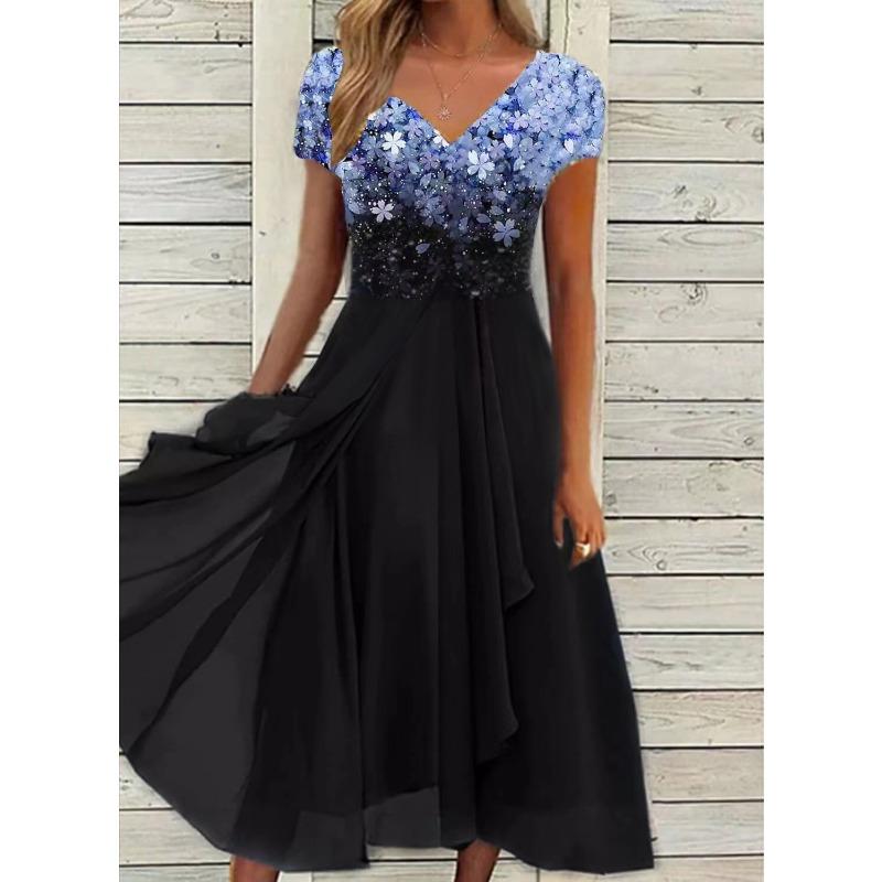 QICED Fashion Summer Spring Short Sleeve V-Neck Casual Dresses
