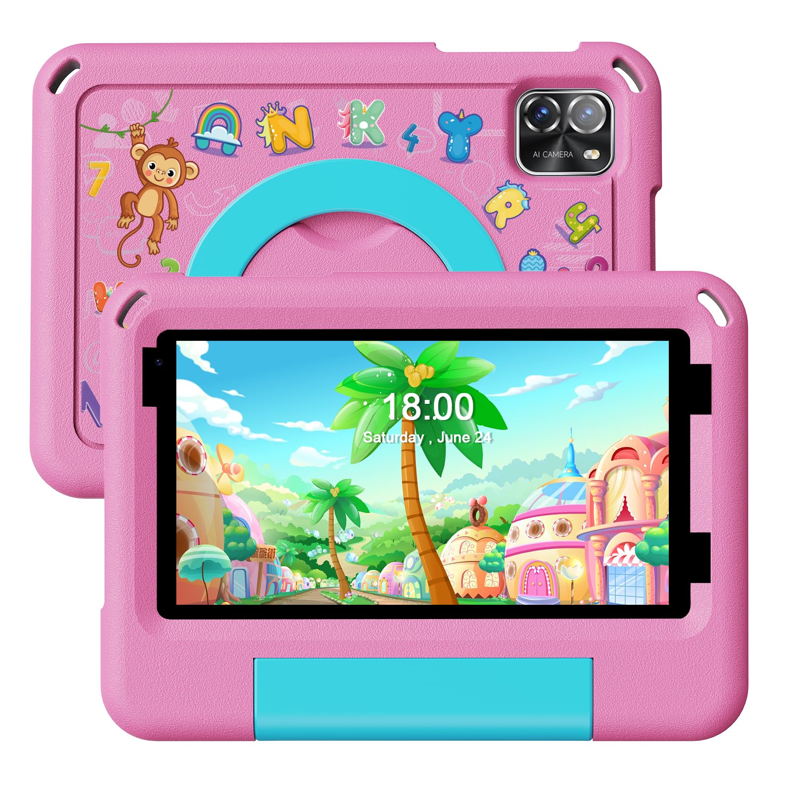 

TAB 7 Pro Модель планшета Android 14 для дітей, сумісна з Kids Space YouTube, необмежене використання тисяч освітніх матеріалів із футляром EVA, щоб рожевий