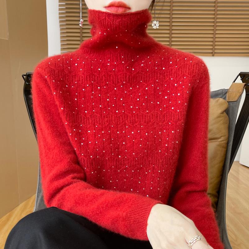 Women's Pure Wool Rhinestone Embellished Knit Top, Stacked Collar, Long Sleeve, Hollow Design for Autumn/Winter