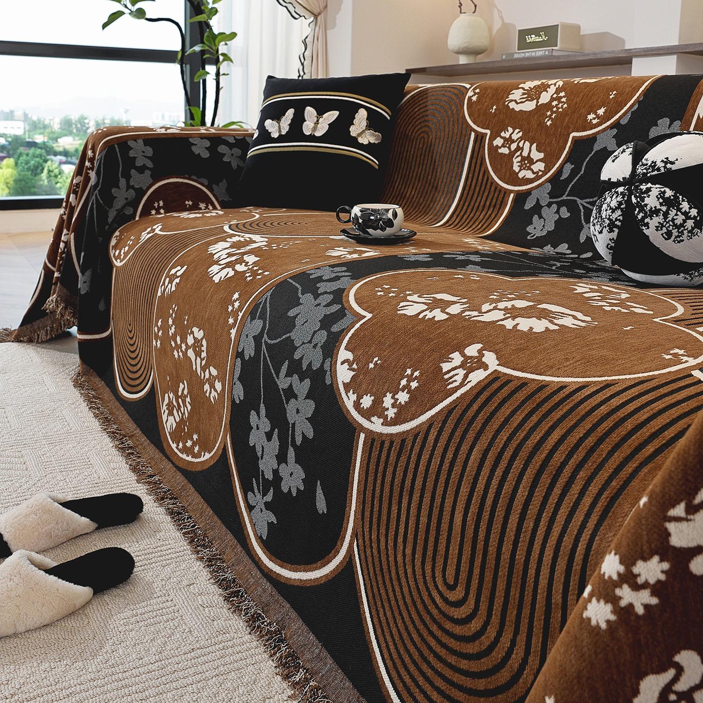 

1 шт. Чехол Жаккардовый Шенилл с Цветочным Узором, Кисточками, для Всех Сезонов, Защитное Покрывало для Дивана в Гостиную, Защита от Царапин 180x90cm коричневый