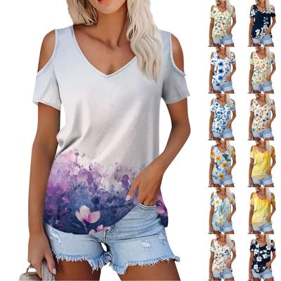 Women's Summer Fashion Casual Floral Print Off-the-shoulder V-neck Short-sleeved T-shirt Top