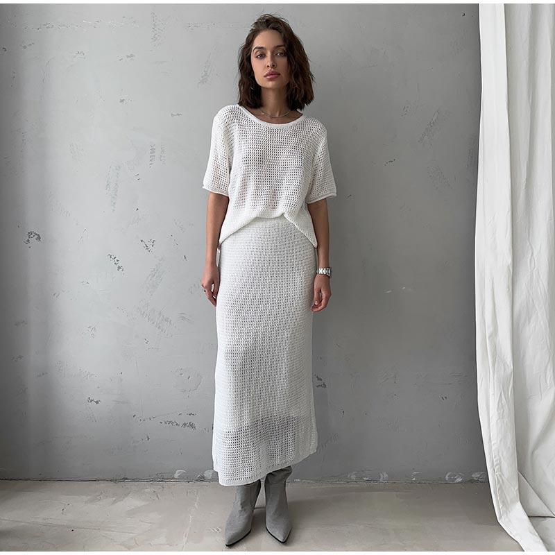 Women's Casual Suit Short Sleeved Hollowed Out Top Knitted Half Skirt Set Solid Color Versatile Summer Refreshing Wearing Temperament Elegant Dress