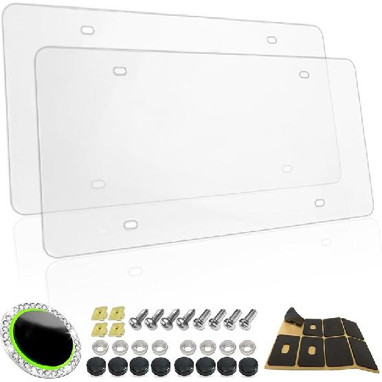 Clear License Plate Frames Covers- 2 Pack Flat Car Tag Protector And Stainless Steel Chrome Holder, Road Legal Unbreakable Acrylic Protective Shield