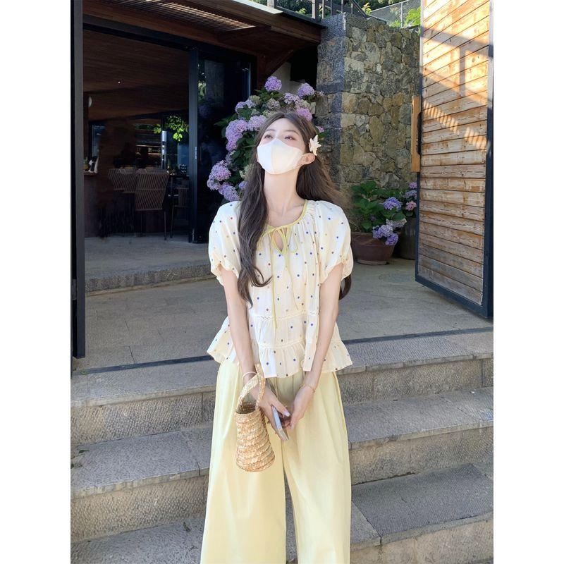 Kumikumi Vacation Set French Style Polka Dot Puff Sleeve Shirts Women Summer Loose Blue Skirt Two-piece Set