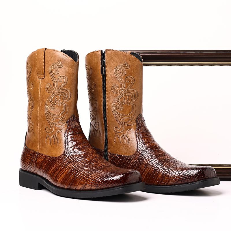 Fashion Retro Alligator Side Zipper High-top Leather Motocross Boots Mens Boots Chelsea Fashion Shoes Men's British Shoes Cowboy Botas
