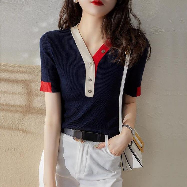 Cămașă din tricot subțire de vară, cu mâneci scurte, din mătase de gheață, pentru femei, în stil francez, de culoare contrastantă, cu decolteu în V, tricou cu dungi Top pulover