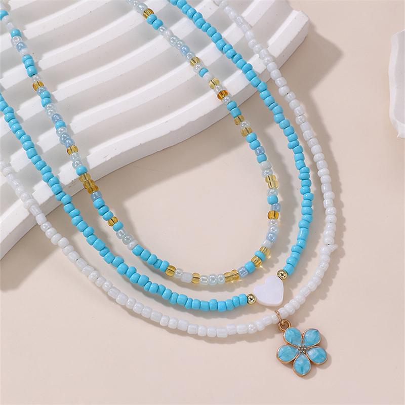 Bohemian Multilayer Rice Bead Chain Clavicle Necklace Vintage Acrylic Turtle Starfish Shell Pendant Choker Women'S Beach Jewelry