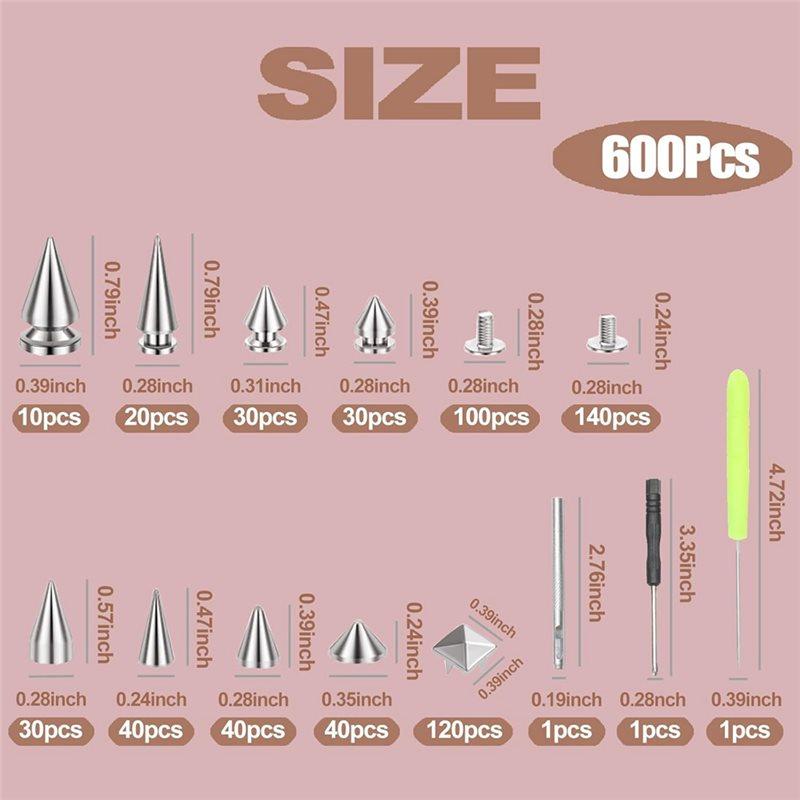 Gute quadratische Pyramidennieten und 8 Größen Kegelspikes, 600 Stück Metall-Baumspikes-Kit für Kleidung Punk